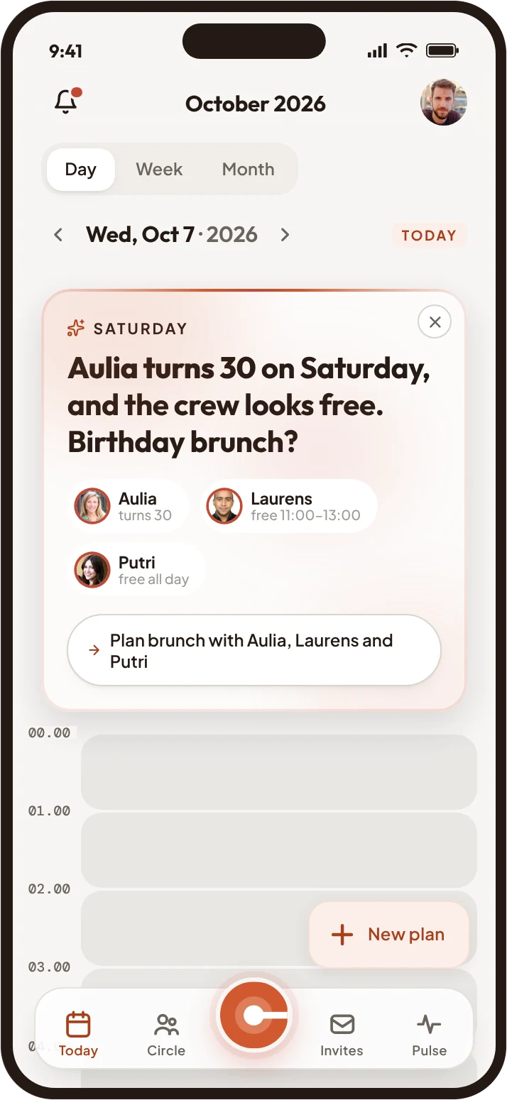 Chrona Today screen with an AI magic-moment card suggesting a birthday brunch for Aulia, Laurens and Putri