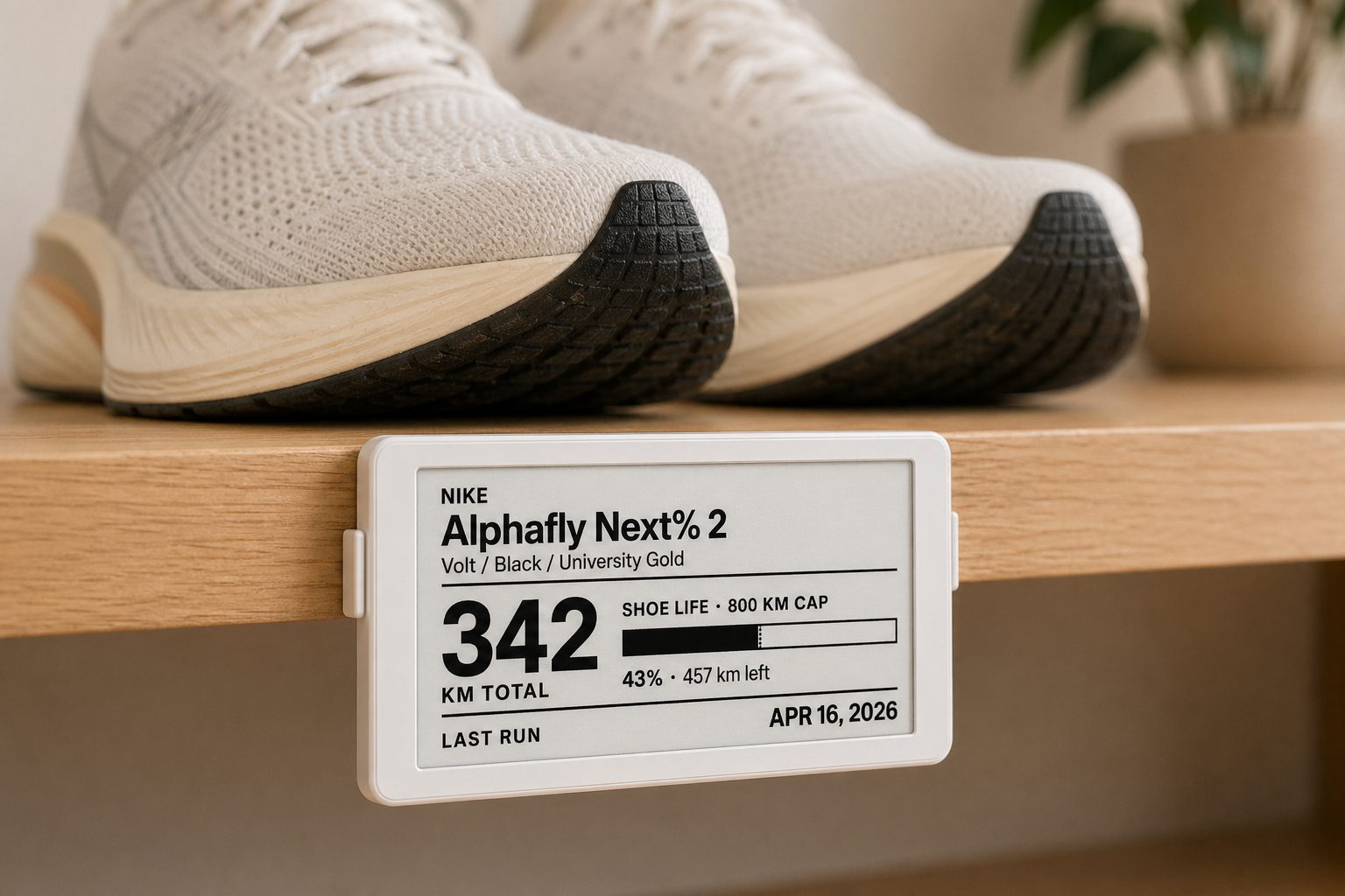 E-ink electronic shelf label on a shoe rack showing Nike Alphafly Next% 2 with 342 km total and shoe-life progress