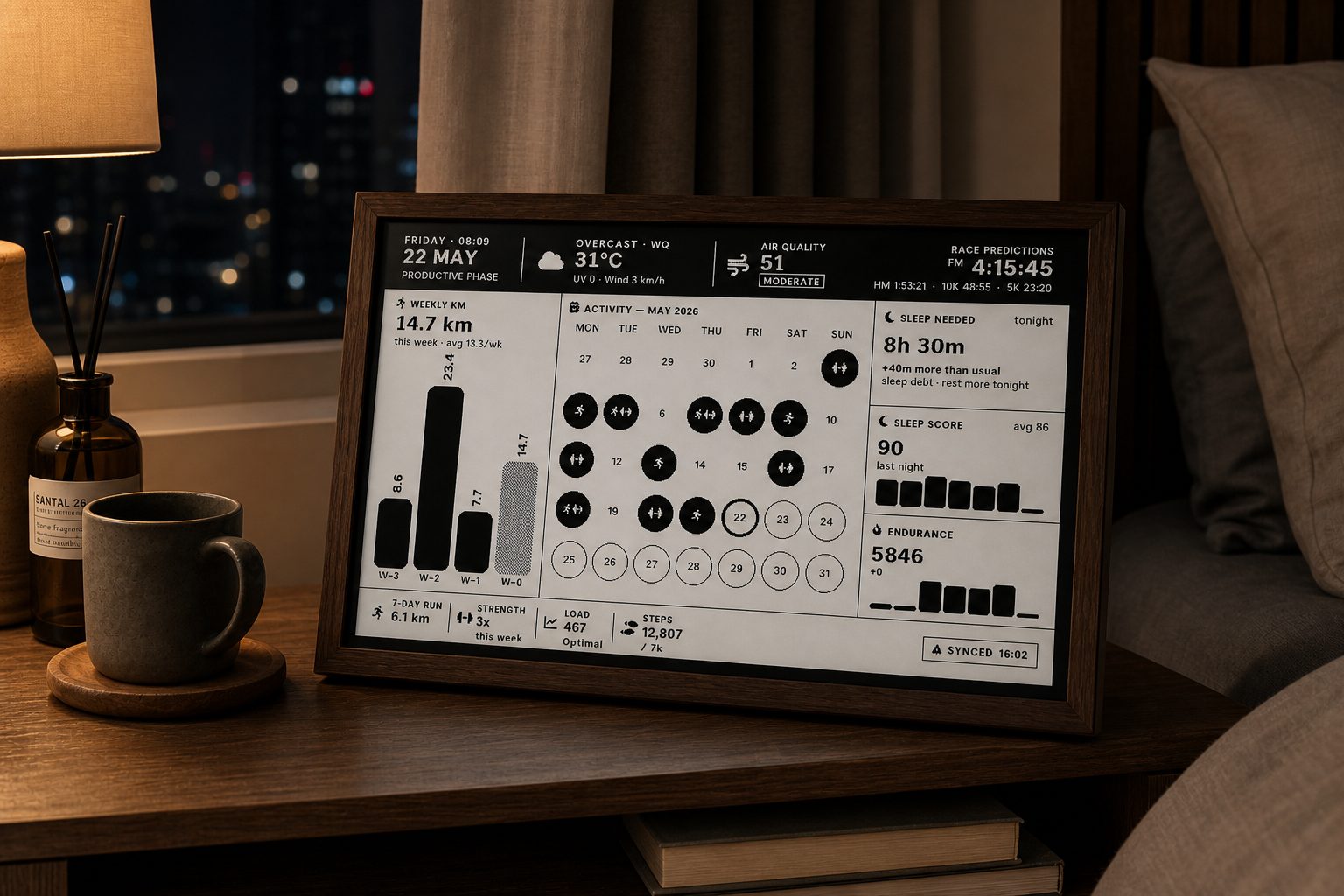 Garmin Daily Brief e-ink panel showing weekly kilometres, activity calendar and sleep at night
