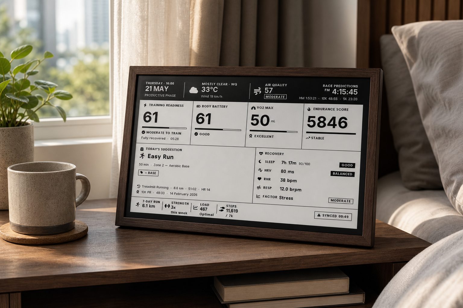 Garmin Daily Brief e-ink panel showing training readiness, body battery, VO2 max, endurance and today's suggested run